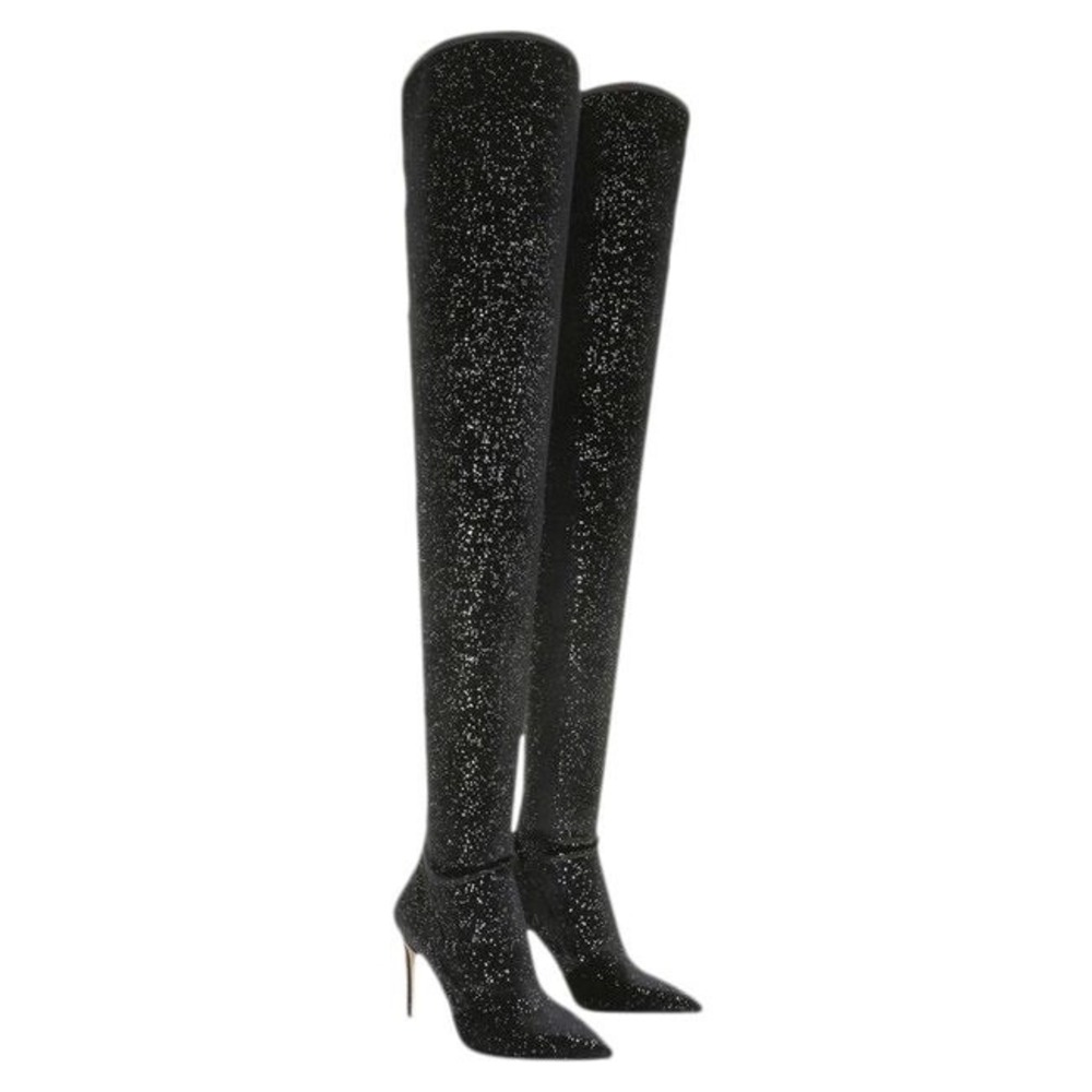 NEW BALMAIN Amazone Thigh High black Velvet Glitter Boots FR 40 / US 10